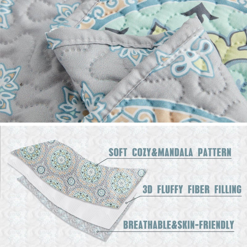 CHIXIN Boho Quilt King Size - Bohemian Chic Medallion Design - Lightweight Bedspread Coverlet Set, Ultrasonic Quilting Mandala Bedding Cover for All Season, 3 Piece, Aqua Blue - Image 5